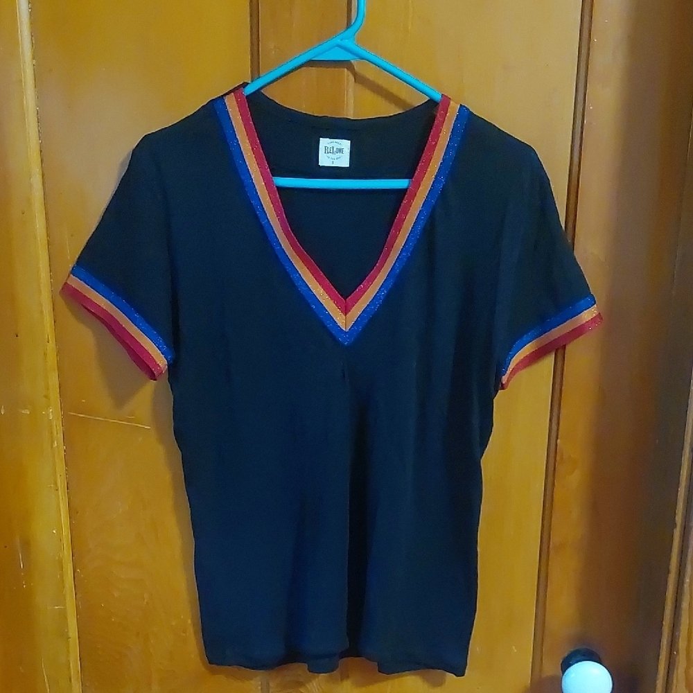 Black V-Neck T-Shirt with Colorful Trim